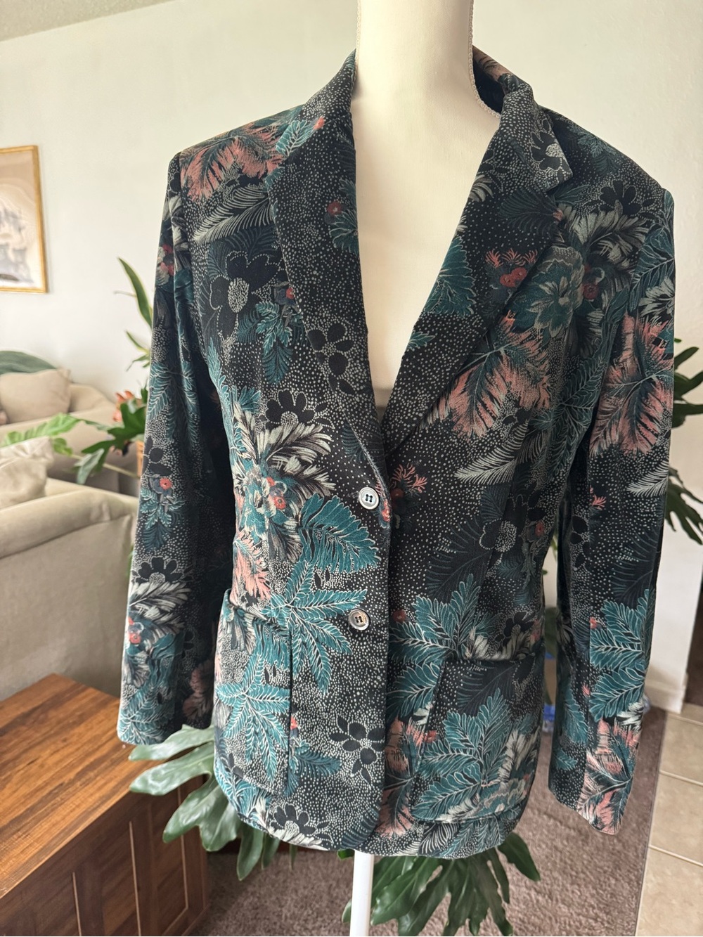Vintage Velvet Floral Print Tailored Women's Blazer - Teal, Pink & Black